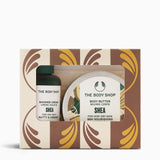 The Body Shop Shea product set with shower cream and body butter in a decorative box.